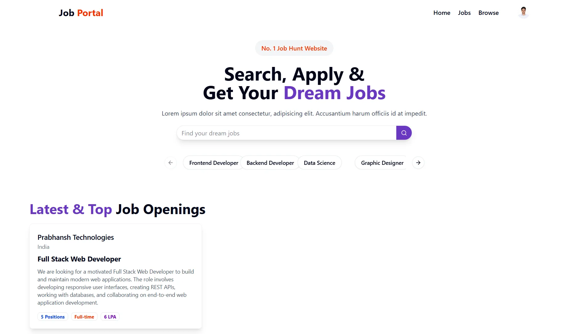 Preview of the Job Portal landing page with sample listing content; sample details are not verified vacancies.